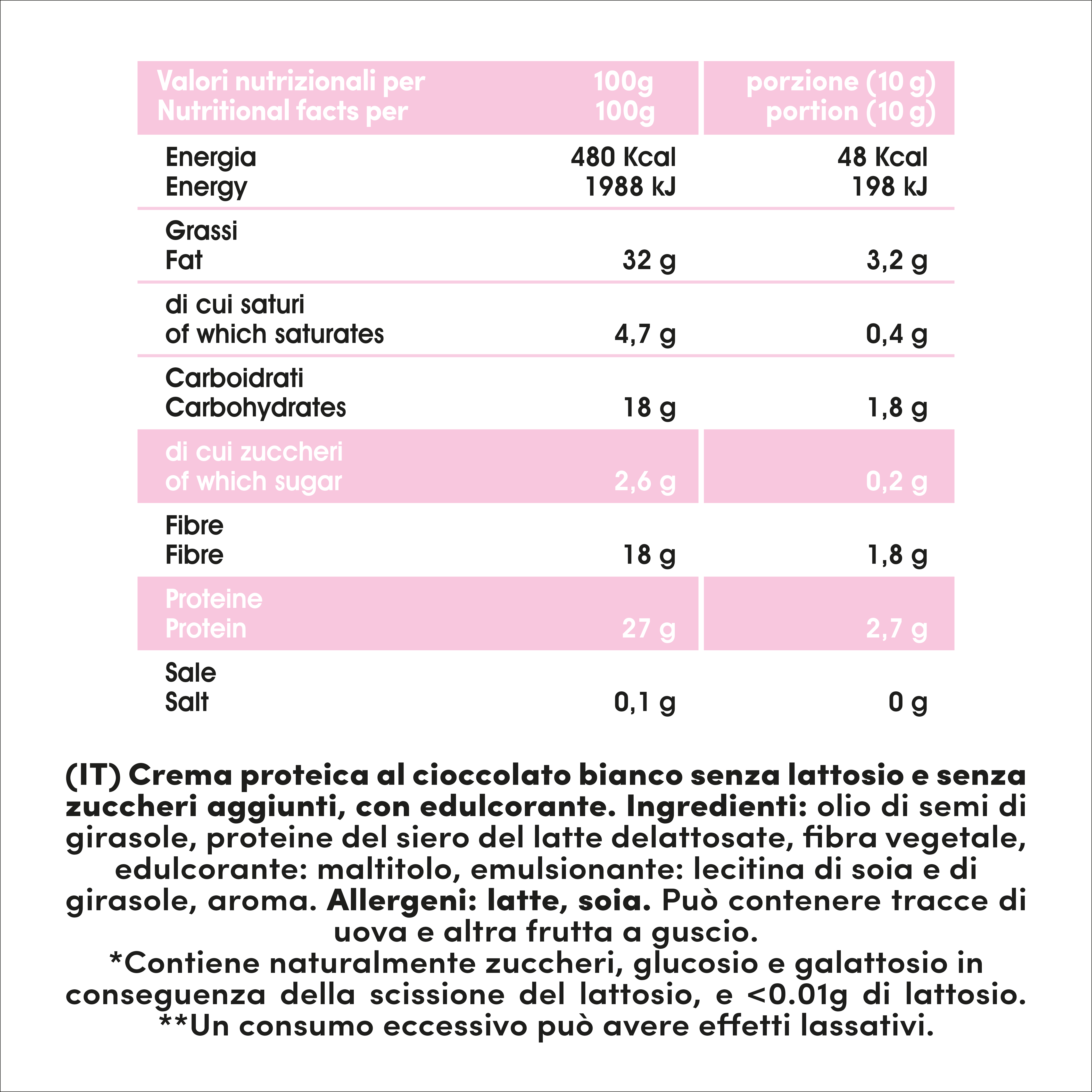 valori nutrizionali crema proteica al cioccolato bianco senza lattosio e zuccheri aggiunti fitporn