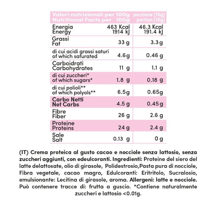 Crema proteica Cacao e Nocciole Senza Lattosio