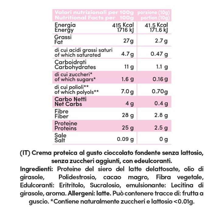 Crema proteica Cioccolato Fondente 70% Senza Lattosio
